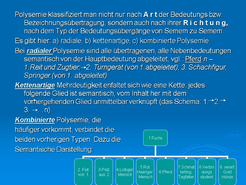 Polysemie klassifiziert man nicht nur nach A r t der Bedeutungs bzw. Bezeichnungsübertragung, sondern